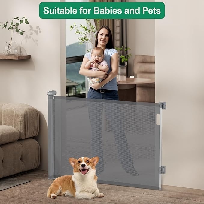 Retractable Stair Gate for Dog, Baby Gate Grey One Handed Silent Operation