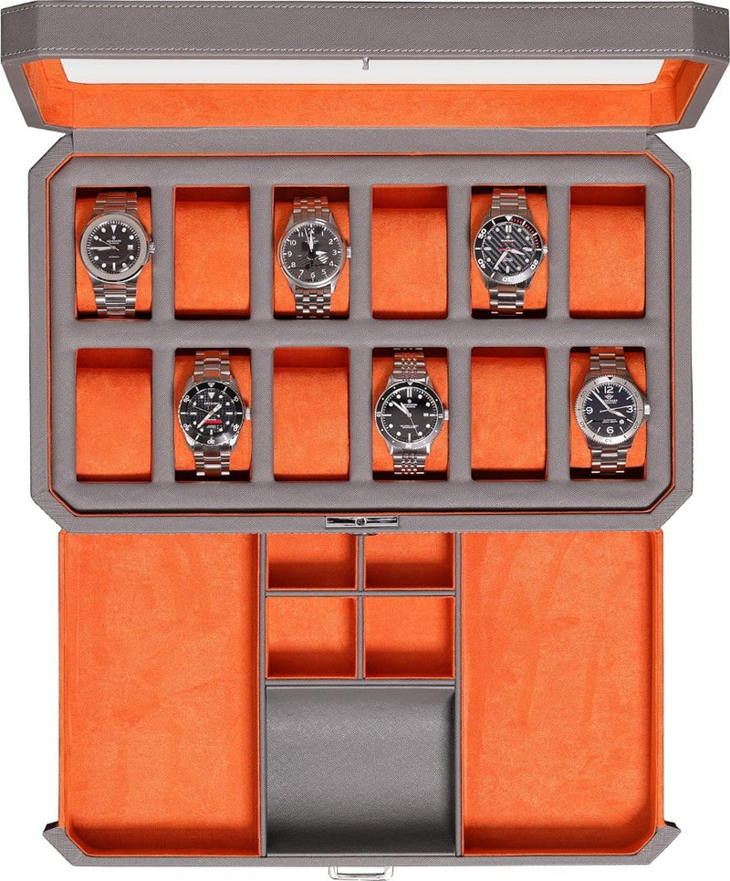 12 Slot Watch Box - Leather - Valet Drawer - Grey/Orange