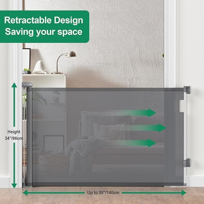 Retractable Stair Gate for Dog, Baby Gate Grey One Handed Silent Operation