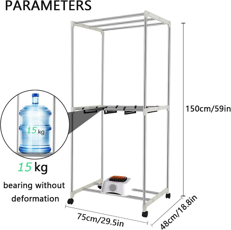 2-Tier Heated Clothes Dryer with Heated Cover Indoor Stainless Steel Cabinet