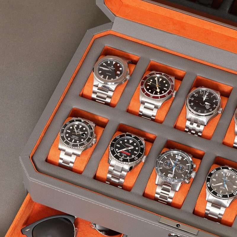 12 Slot Watch Box - Leather - Valet Drawer - Grey/Orange