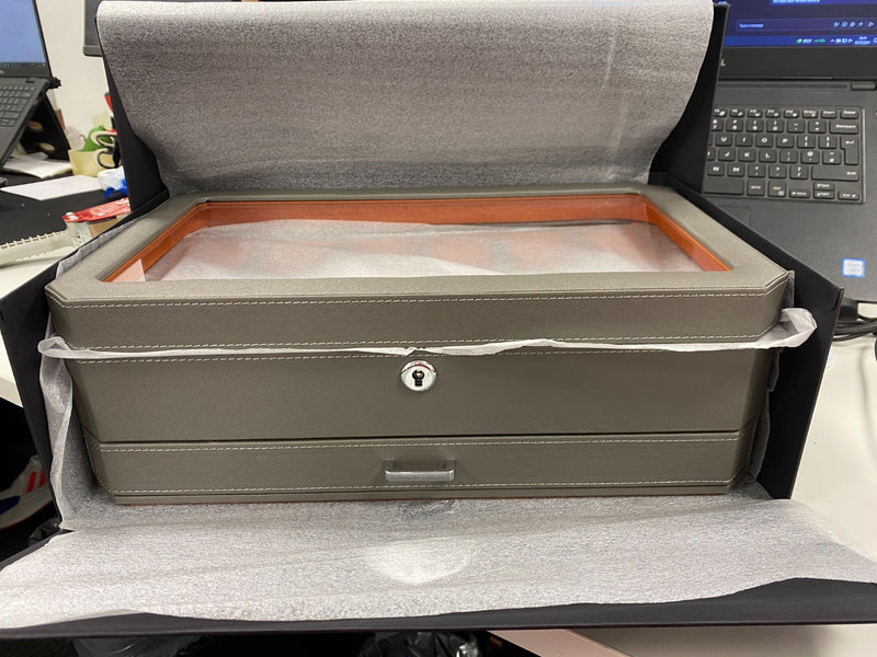 12 Slot Watch Box - Leather - Valet Drawer - Grey/Orange