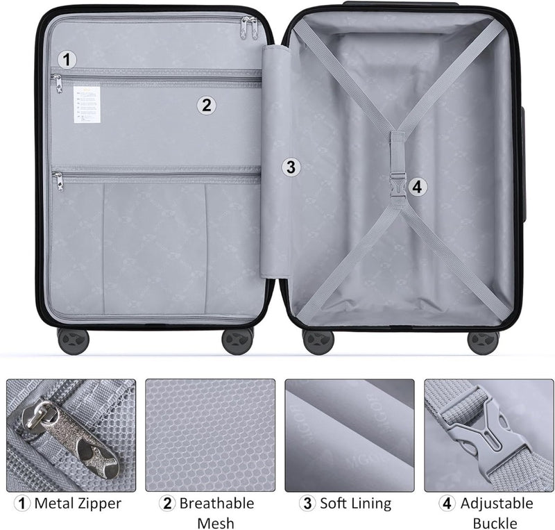 Carry On Suitcase - 20 Inch - 4 Spinner Wheels - 55x40x20cm - TSA Approved