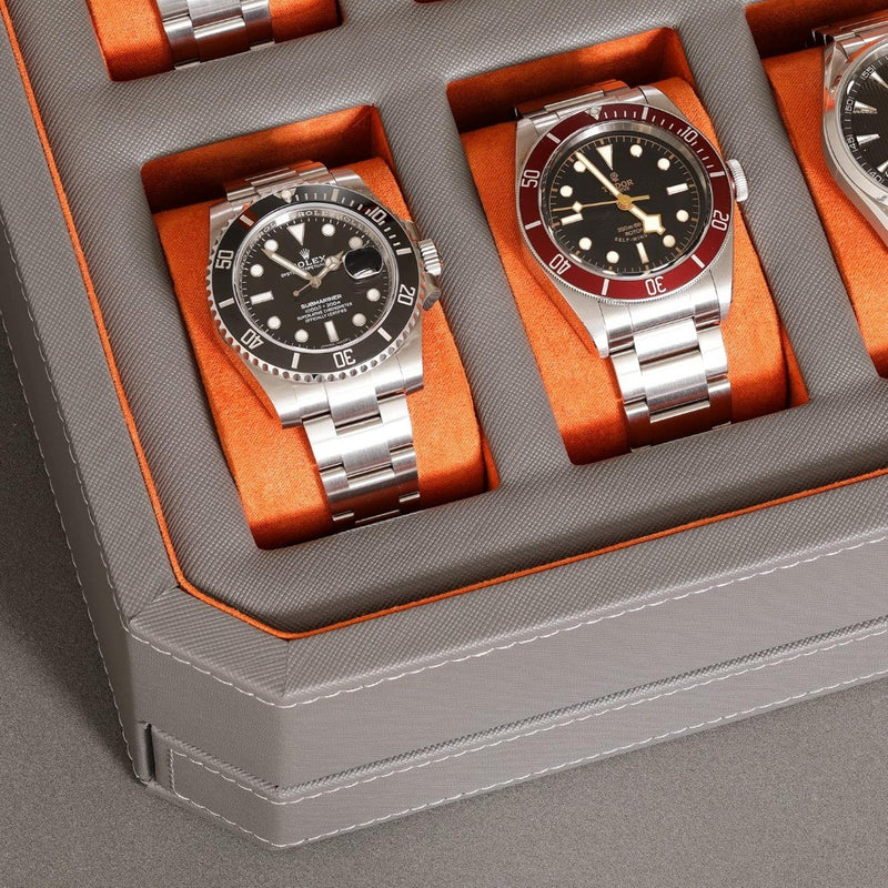 12 Slot Watch Box - Leather - Valet Drawer - Grey/Orange