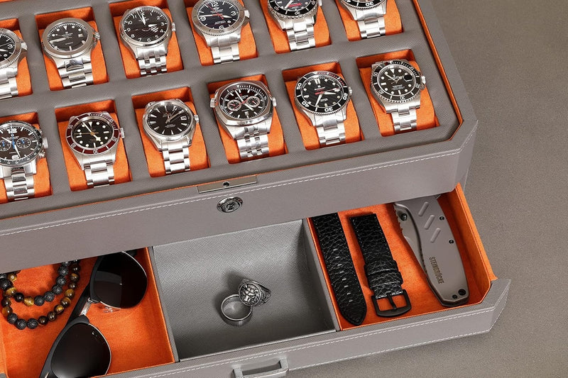 12 Slot Watch Box - Leather - Valet Drawer - Grey/Orange