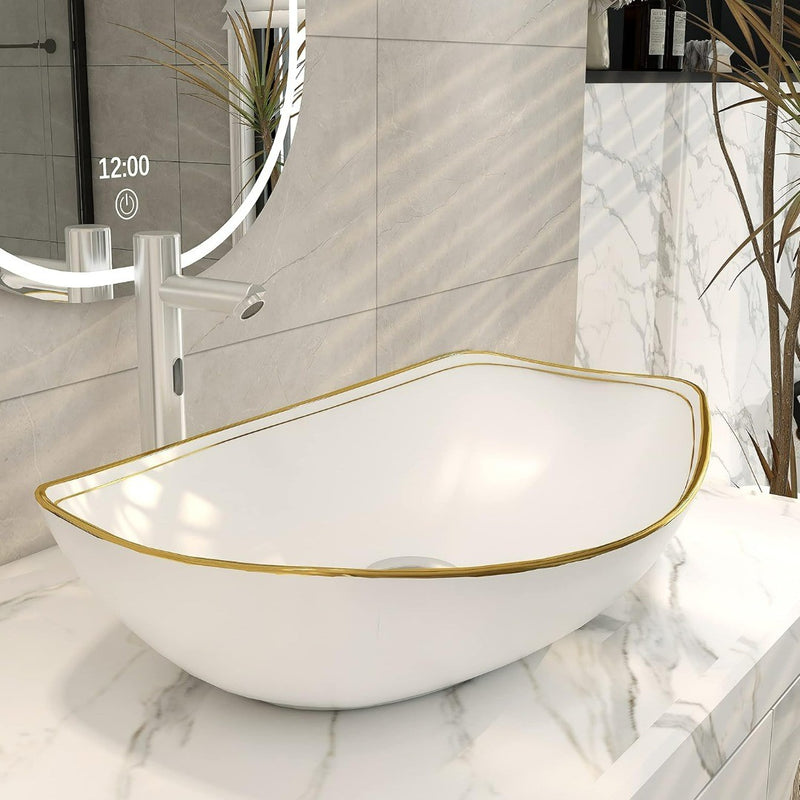 Bathroom Sink-MEJE 56.5 x 40.3 cm Luxury Gold Rim Oval Vessel Vessel Vanity Sink