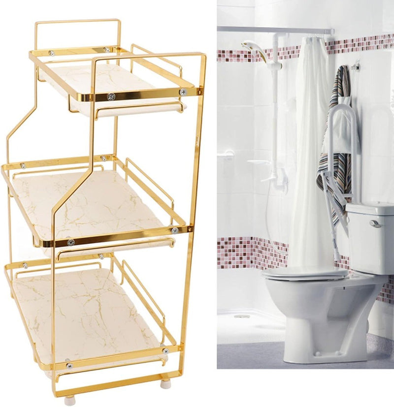 Modern Bathroom Cabinet 3 Tier White and Gold