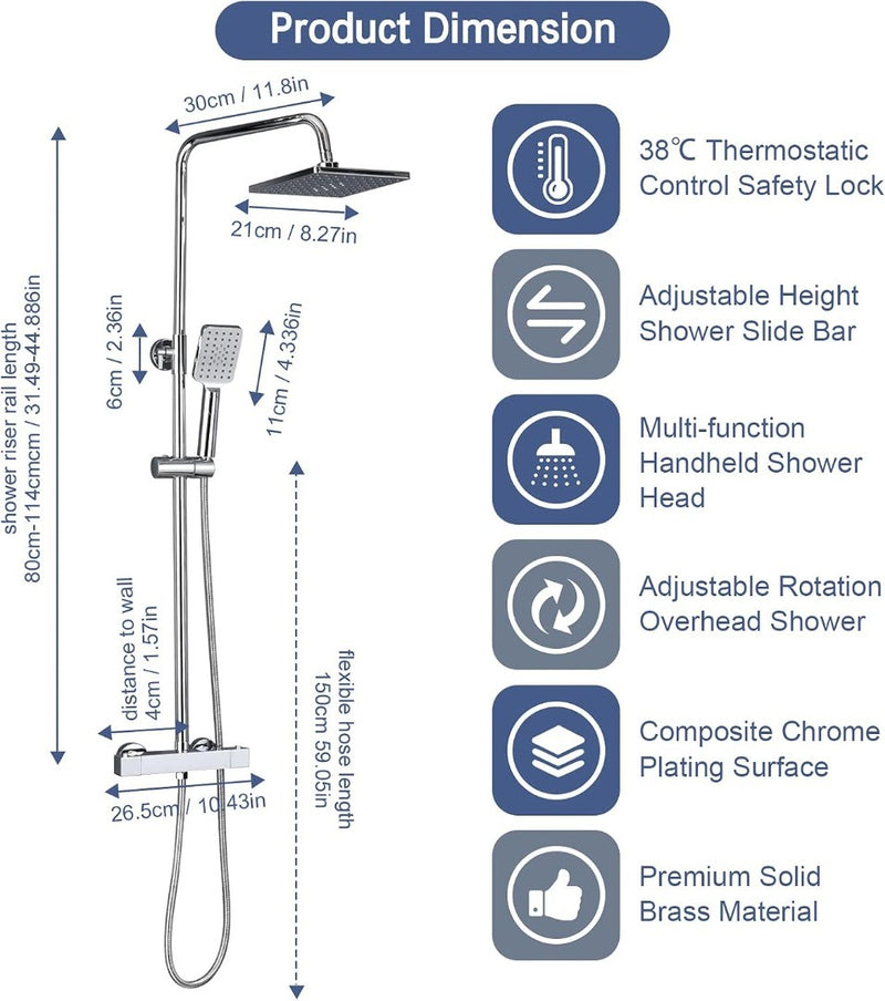 Thermostat Shower System Square Mixer Set Chrome