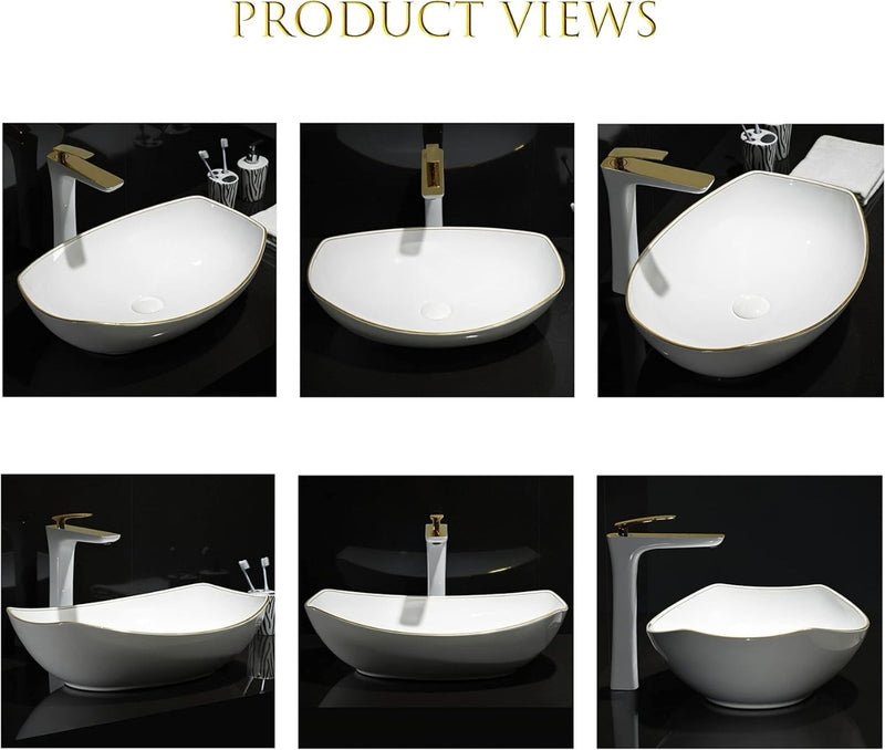 Bathroom Sink-MEJE 56.5 x 40.3 cm Luxury Gold Rim Oval Vessel Vessel Vanity Sink