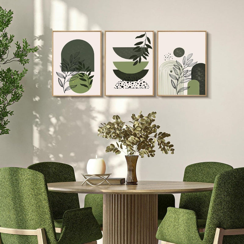 Sage Green Framed Wall Art Set of 3, Boho Abstract Prints 16"x24" (40x60cm)