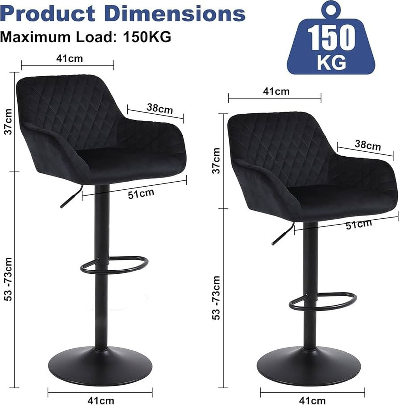 Velvet Bar Stool Set of 2 Black