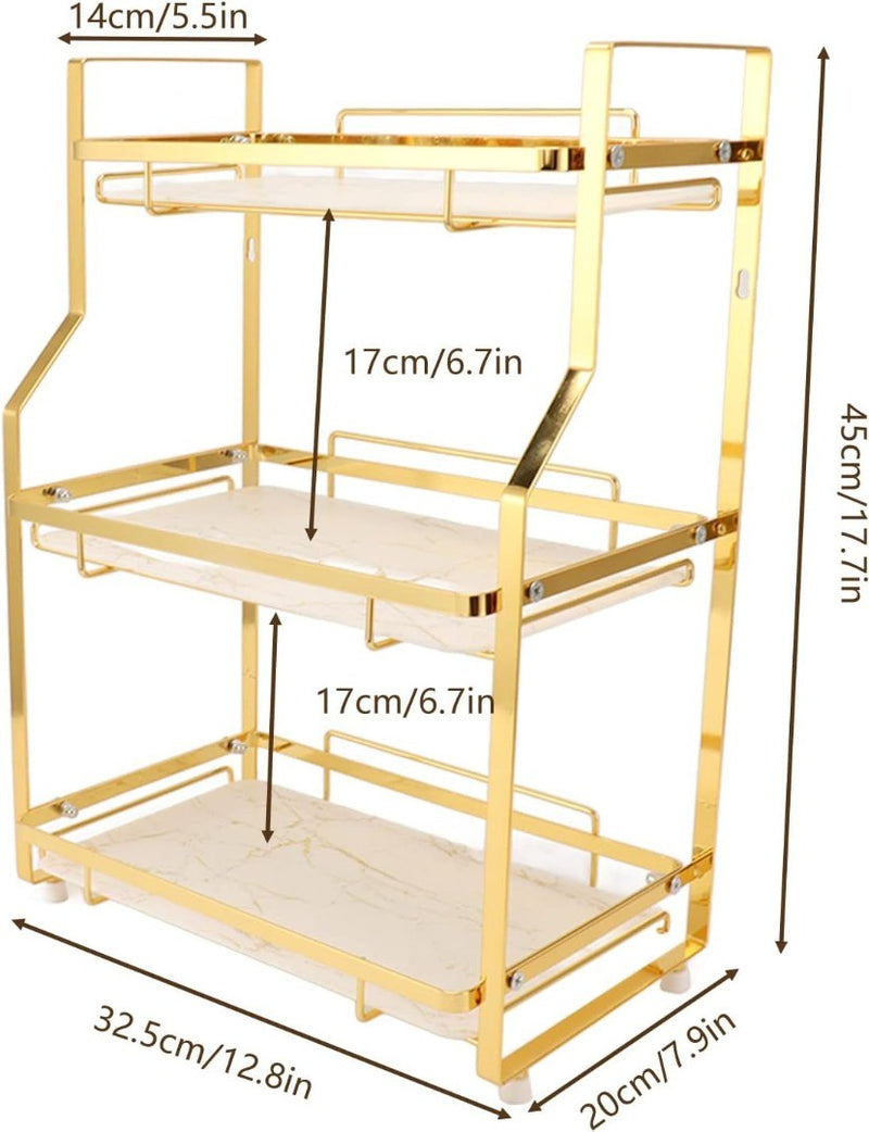 Modern Bathroom Cabinet 3 Tier White and Gold