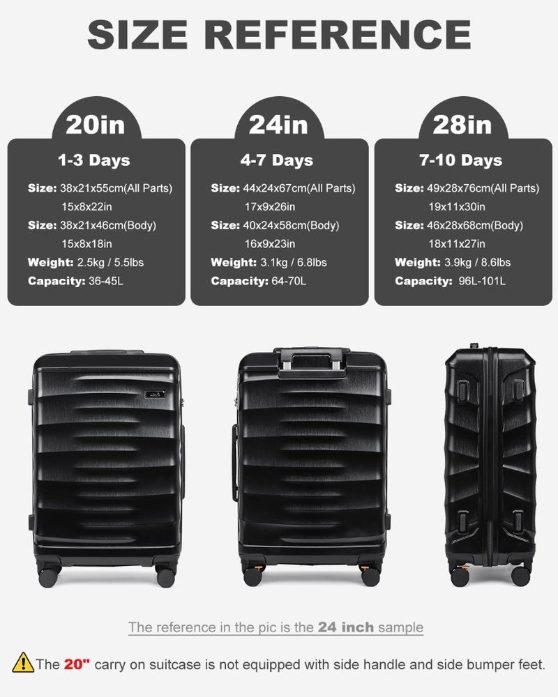 Luggage Set Black 3 Piece Hard Shell