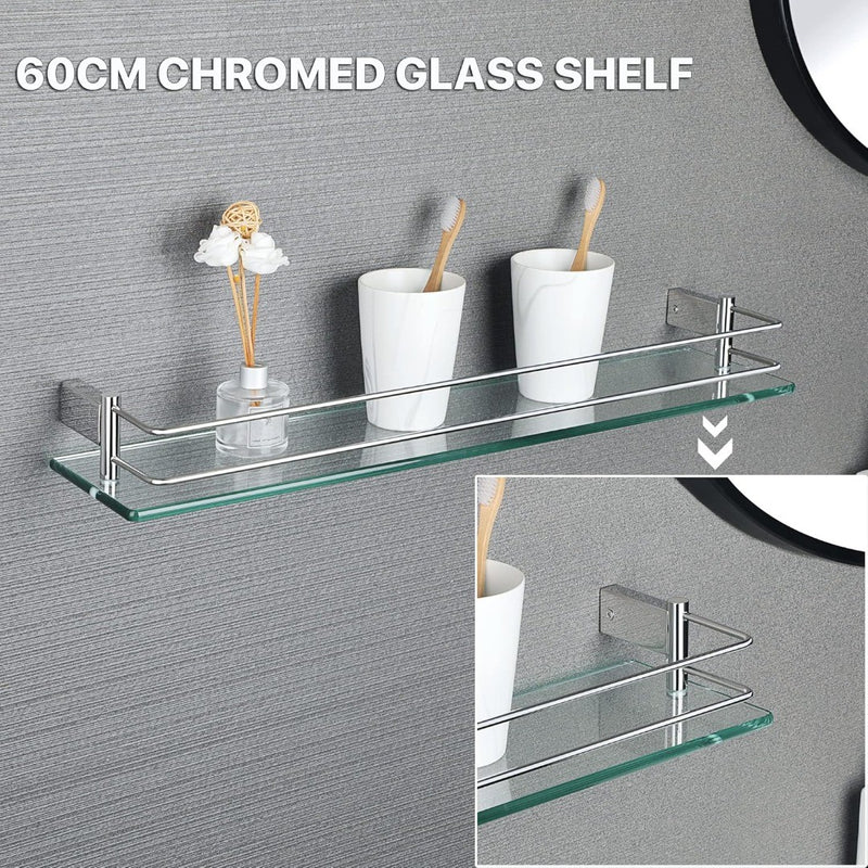 Tempered Glass Shelf - Polished Chromed Frame - Wall Mounted - 24 inches