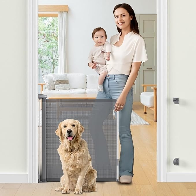 Retractable Stair Gate for Dog, Baby Gate Grey One Handed Silent Operation