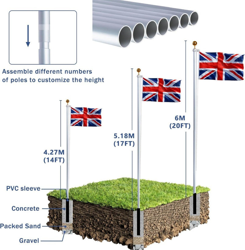 20FT (6M) Flag Poles for Garden, Sectional Heavy Duty Aluminum Flag Pole Kit