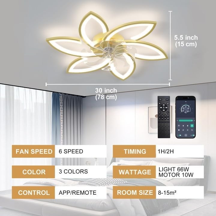 Depuley 30''Ceiling Fans with Lights and Remote, Golden Flower Shape Led Ceiling