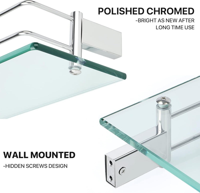 Tempered Glass Shelf - Polished Chromed Frame - Wall Mounted - 24 inches