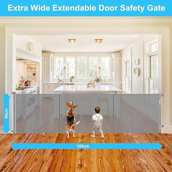 Retractable Stair Gate for Baby, Extra Wider Safety Dog Gate 3m, 86cm Tall, One