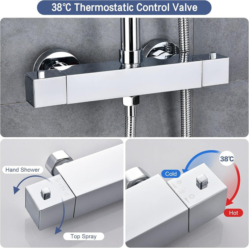 Thermostat Shower System 38°C Mixer Set Chrome