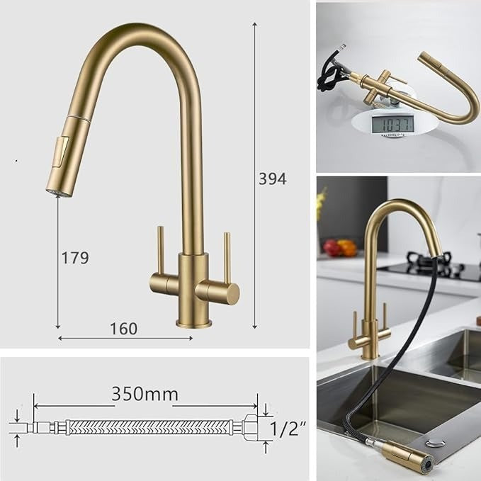 Kitchen Sink Mixer Tap with Pull Out Spray, NewEast Brushed Gold Kitchen Tap