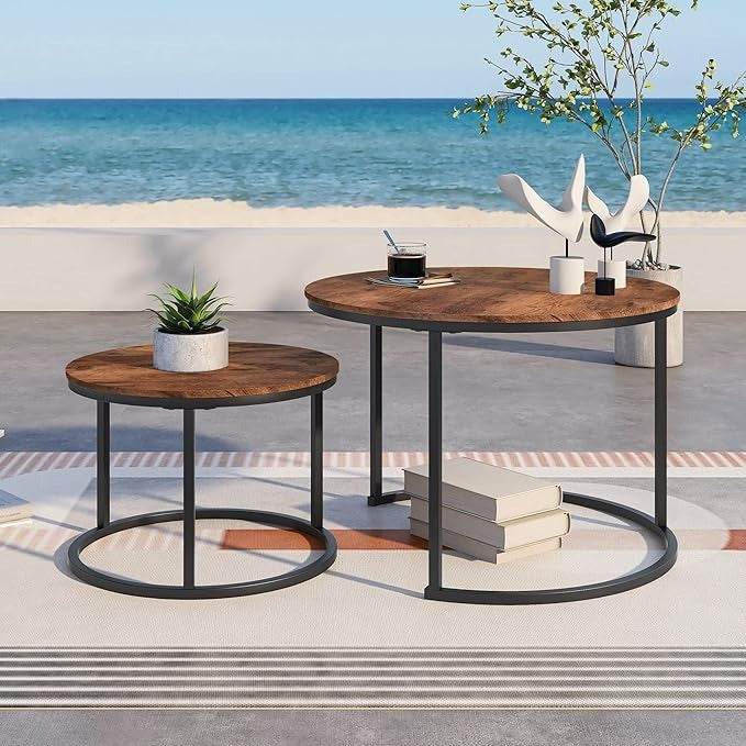 Round Coffee Tables Set of 2 Stacking End Side Tables with Sturdy Steel Metal Fr