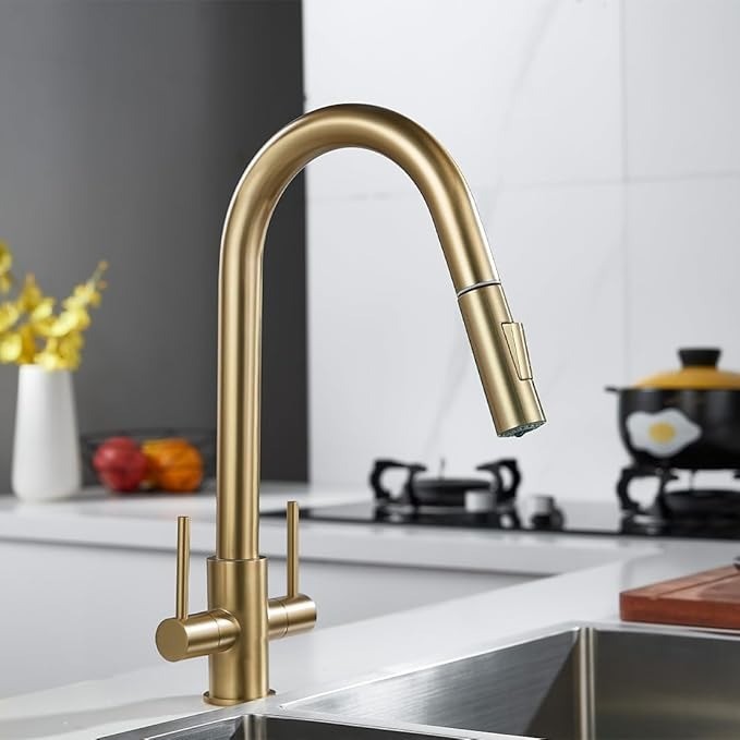 Kitchen Sink Mixer Tap with Pull Out Spray, NewEast Brushed Gold Kitchen Tap