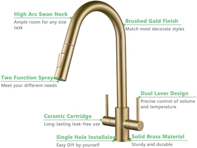 Kitchen Sink Mixer Tap with Pull Out Spray, NewEast Brushed Gold Kitchen Tap