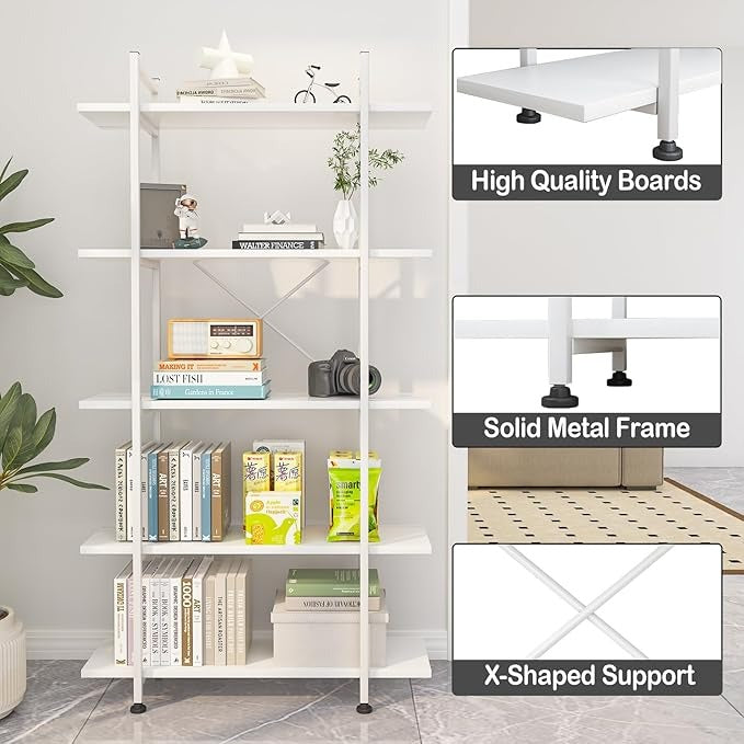 5 Tiers Bookshelf, Bookcase with Open Shelves, Floor Standing Book Shelf, Wooden