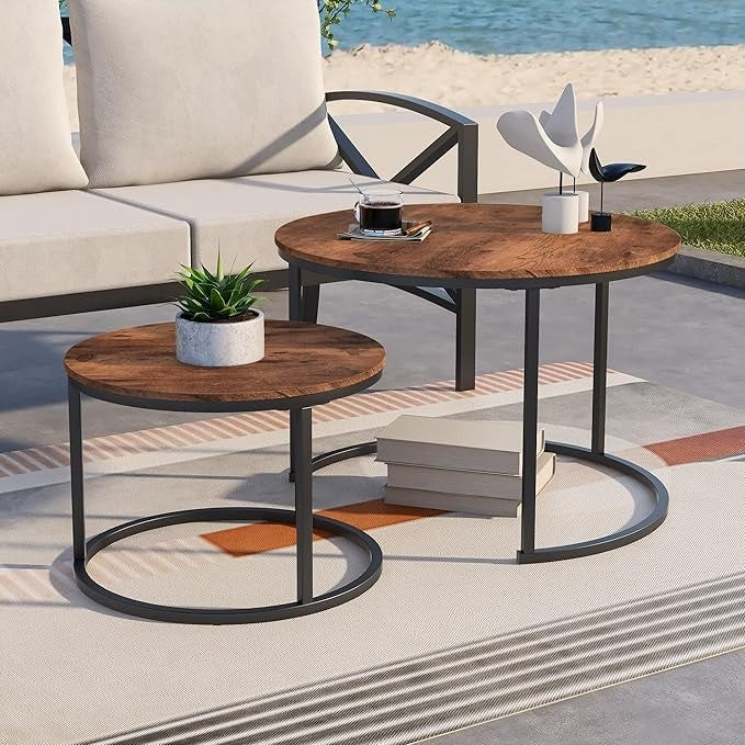 Round Coffee Tables Set of 2 Stacking End Side Tables with Sturdy Steel Metal Fr