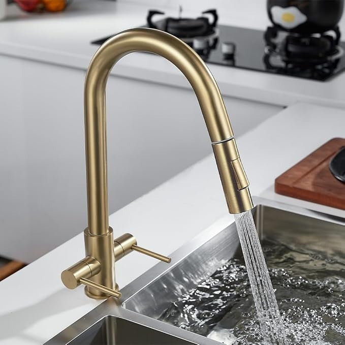 Kitchen Sink Mixer Tap with Pull Out Spray, NewEast Brushed Gold Kitchen Tap