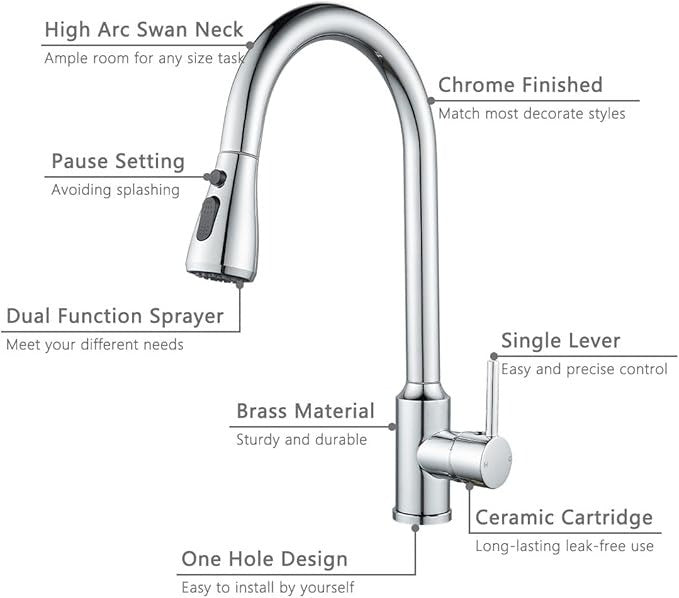 Kitchen Mixer Tap, Single Lever Kitchen Tap with Pull Out Sprayer, Swan Neck Kit