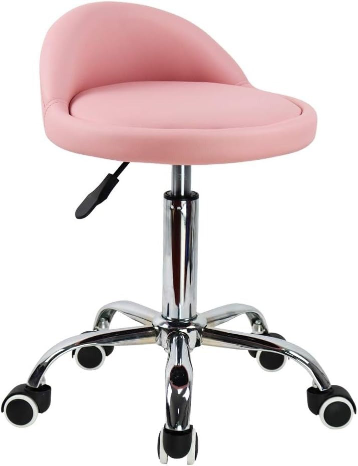 Round Rolling Stool with Back Rest Pink