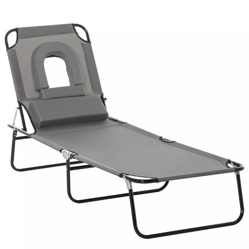 Folding Sun Lounger Reclining Chair w/ Pillow Grey