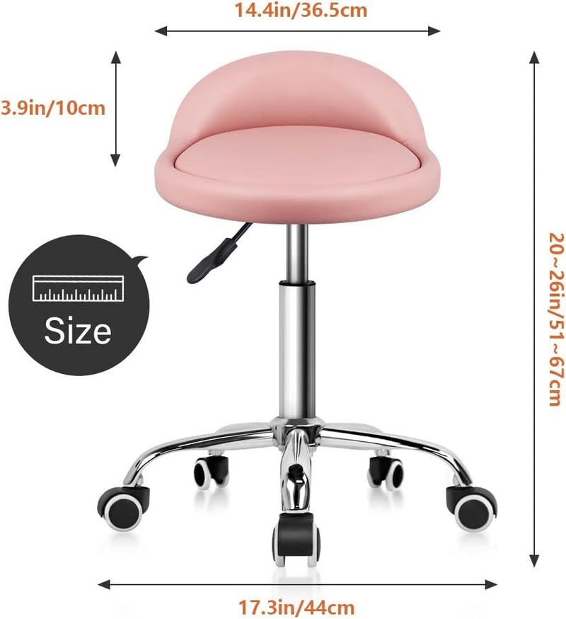 Round Rolling Stool with Back Rest Pink