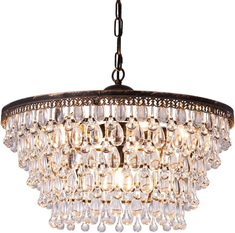 Wellmet Crystal Chandeliers, Hanging Antique Bronze 6 Lights 5 Tiers K9 Crystal