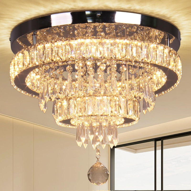 Finktonglan 16" Crystal Chandelier 2 Rings Crystal Ceiling Light Modern