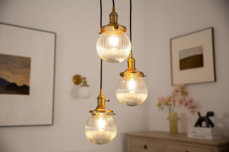 JIMUBEAM Industrial Cluster 3 Way Ceiling Pendant Light Fittings Ribbed Glass