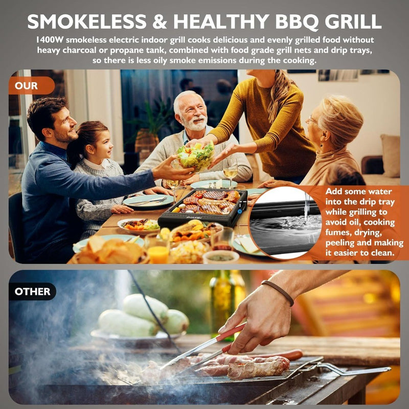 FIMEI Electric Grill 1400W, Non-Stick Electric Smokeless Barbecue Grill with 6 G