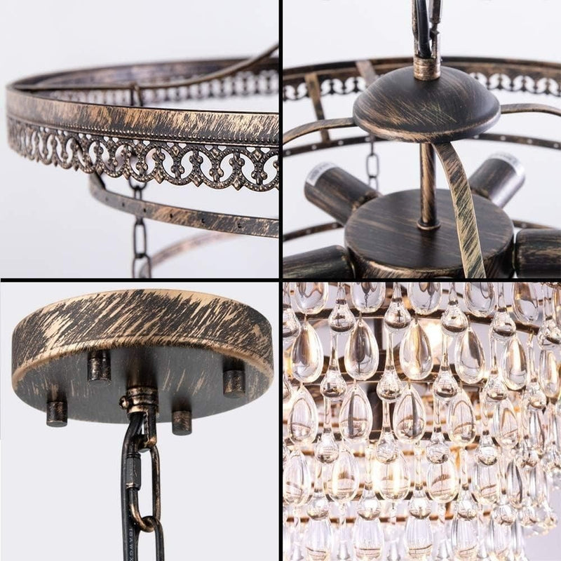 Wellmet Crystal Chandeliers, Hanging Antique Bronze 6 Lights 5 Tiers K9 Crystal