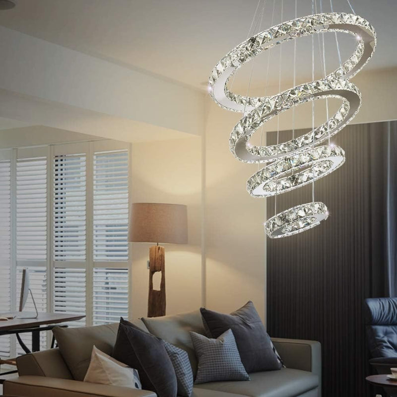 Crystal Chandelier LED 4Rings Pendant Light Adjustable CoolWhite