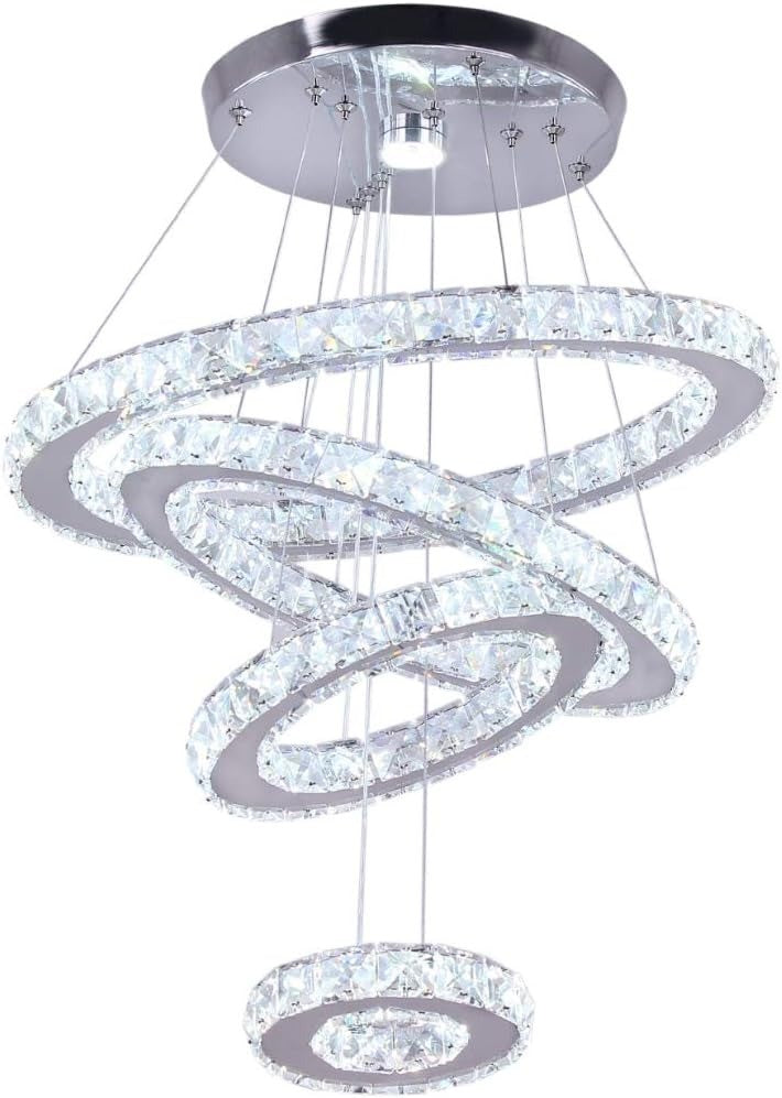 Crystal Chandelier LED 4Rings Pendant Light Adjustable CoolWhite