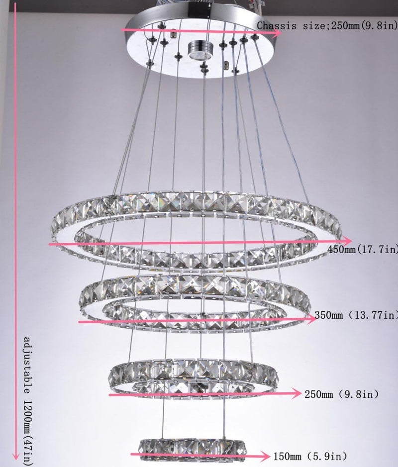 Crystal Chandelier LED 4Rings Pendant Light Adjustable CoolWhite