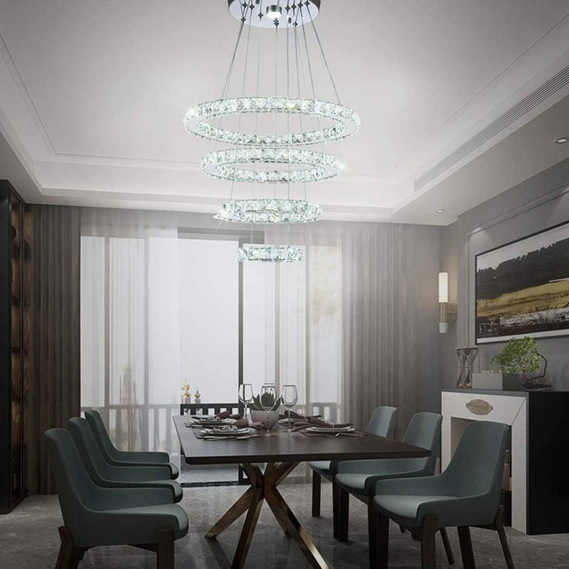 Crystal Chandelier LED 4Rings Pendant Light Adjustable CoolWhite