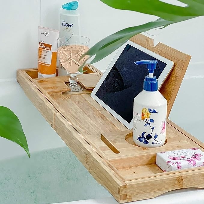 Bath Caddy – Extendable Bath Tray, Natural Bamboo Bath Shelf (Natural)