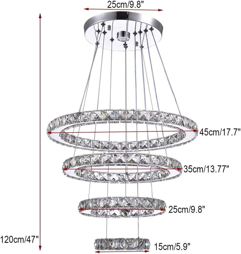 Crystal Chandelier LED 4Rings Pendant Light Adjustable CoolWhite