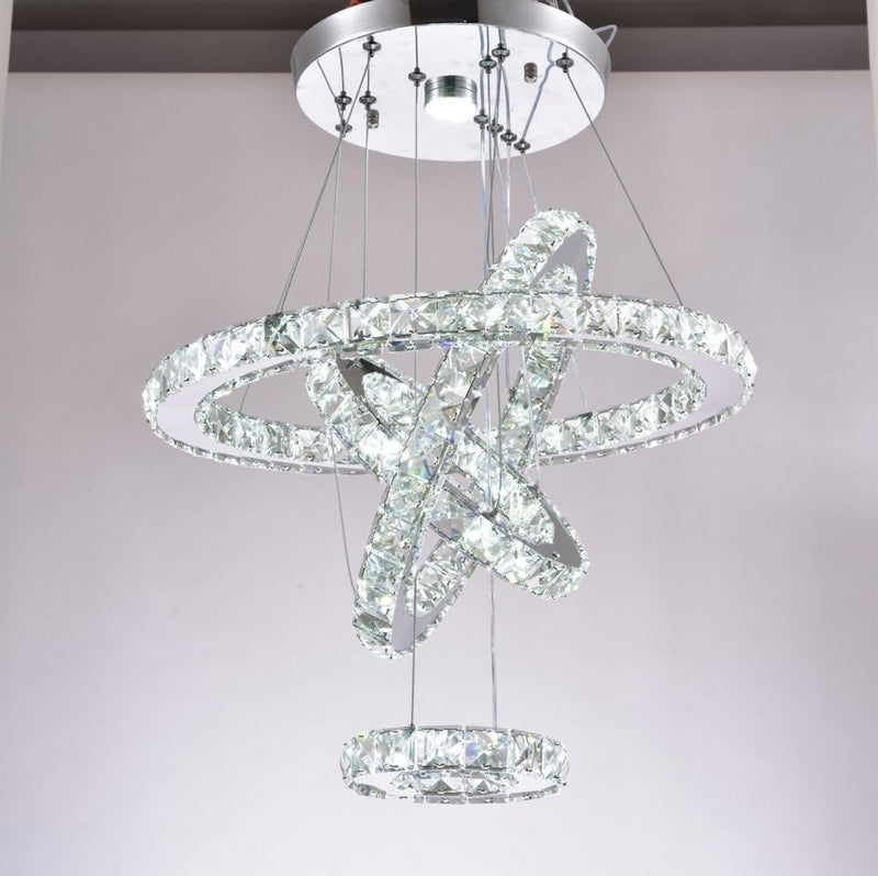 Crystal Chandelier LED 4Rings Pendant Light Adjustable CoolWhite