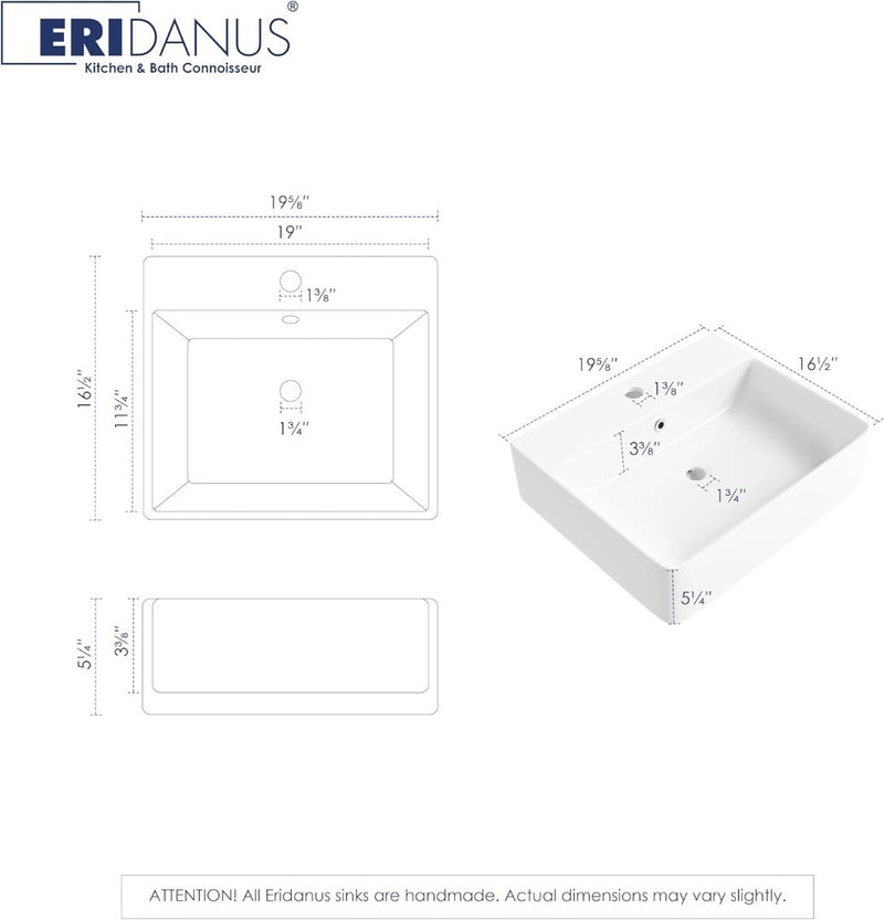 Bathroom Sink Vessel Rectangular 20"x16" White Ceramic Glass