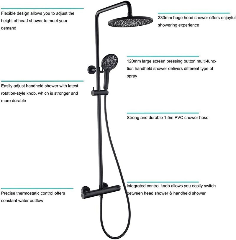 Thermostatic Rain Shower Mixer Set, Multi-Function Handheld Shower and Head Show