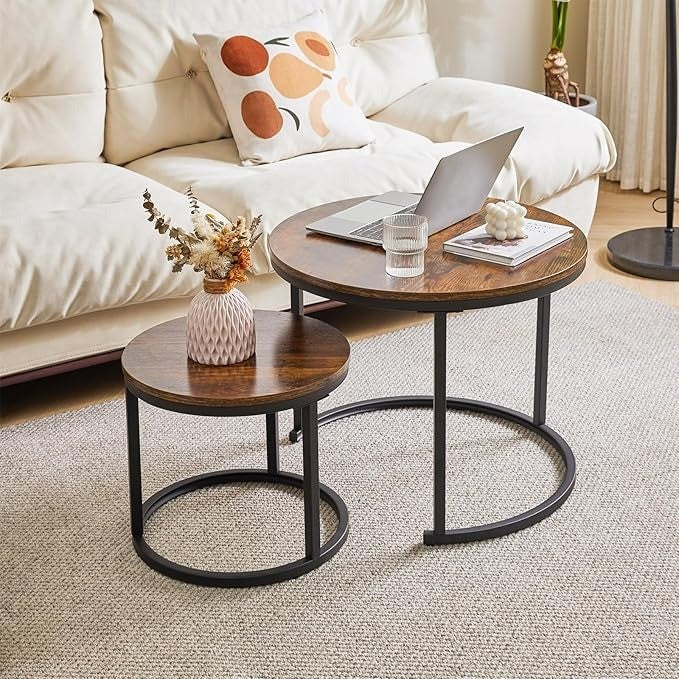 Round Nesting Table, Removable Set of 2 Coffee Tables, Stacking Sofa Side Table